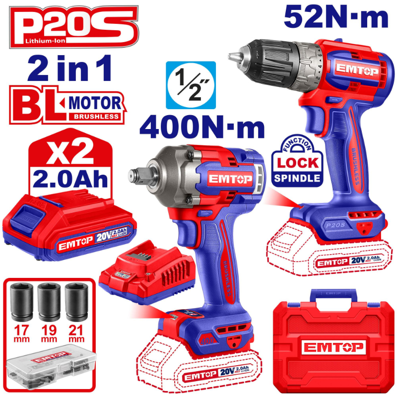 EMTOP Cordless Combo Kit 2pcs ( Drill, Impact Wrench ) 20V ECKL20271