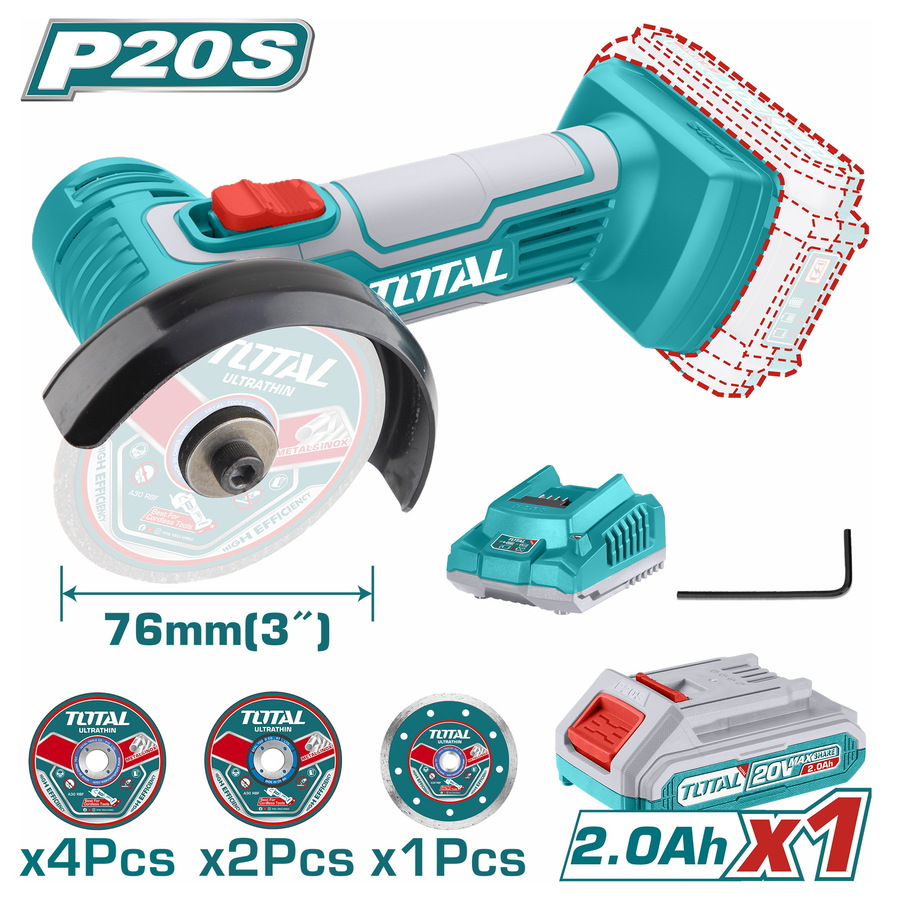 TOTAL Cordless Mini Angle Grinder 20V 76mm 19500 Rpm included 1× 2.0Ah Battery and Charger TAGLI76017