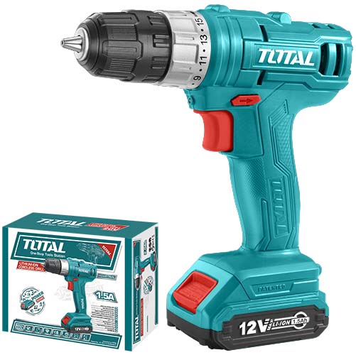 TOTAL Cordless Compact Drill 12V 10mm 20Nm 600rpm With 1x 1.5Ah Battery and Charger TDLI1211