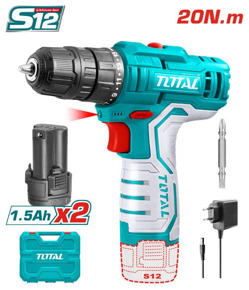 TOTAL Cordless Drill 12V 10mm 20Nm 1500rpm with 2x 1.5Ah Batteries and Charger TDLI12208