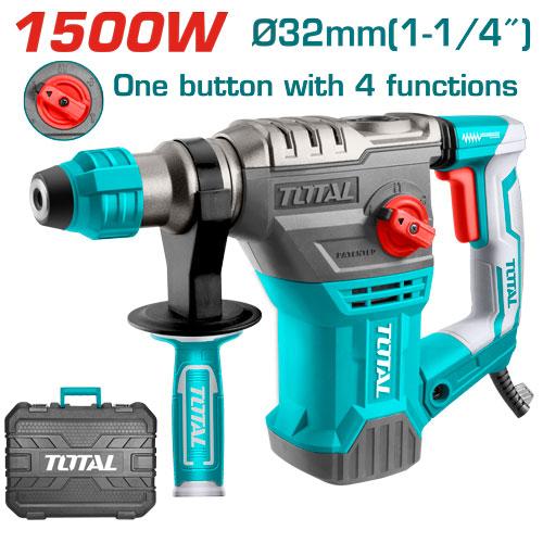 TOTAL Electric Rotary Hammer Drill 1500W 32mm 4 Function SDS-plus 850 RPM 5.5J TH1153236
