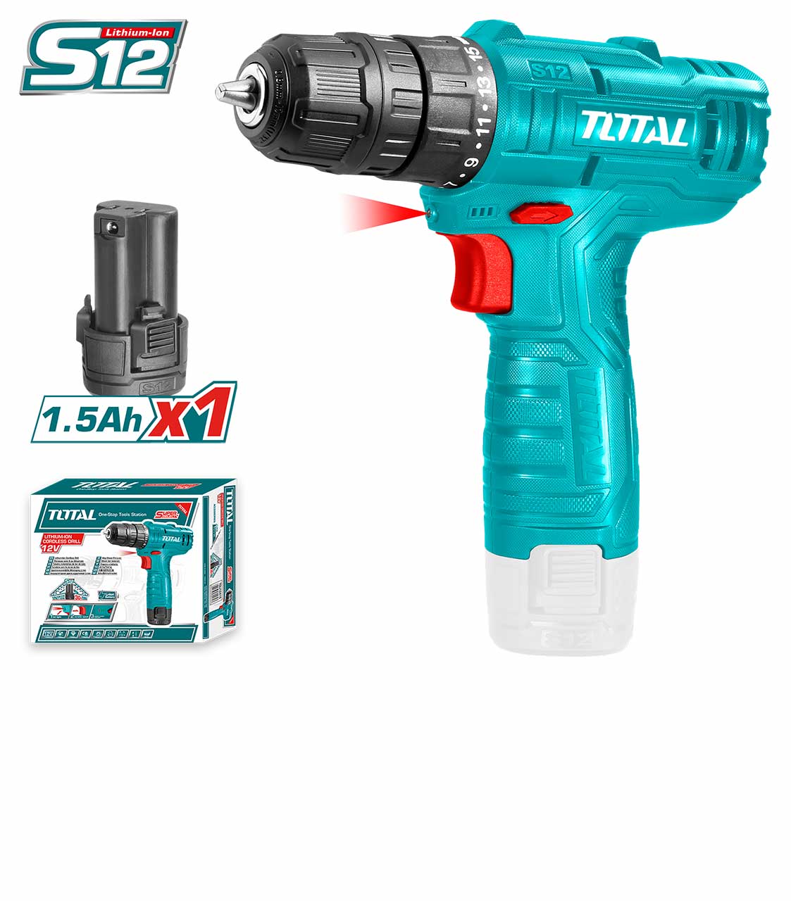 TOTAL Cordless Drill 12V 10mm 20Nm 600rpm with 1x 1.5Ah Battery and a charger TDLI12415
