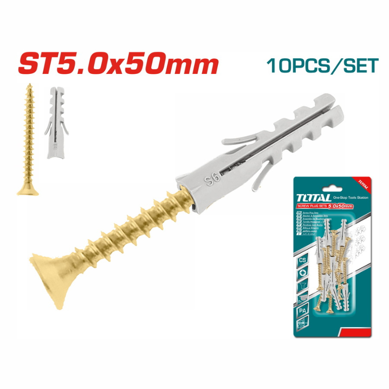 TOTAL Screw and Anchore plugs sets 10 + 10 Pcs, 40mm WJSPK5005512