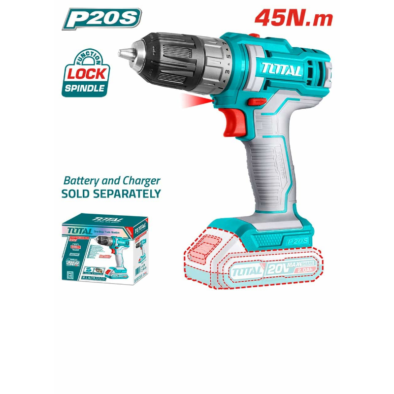 TOTAL Cordless Drill 20V 10mm 1500 RPM 45Nm Bare Unit TDLI200515