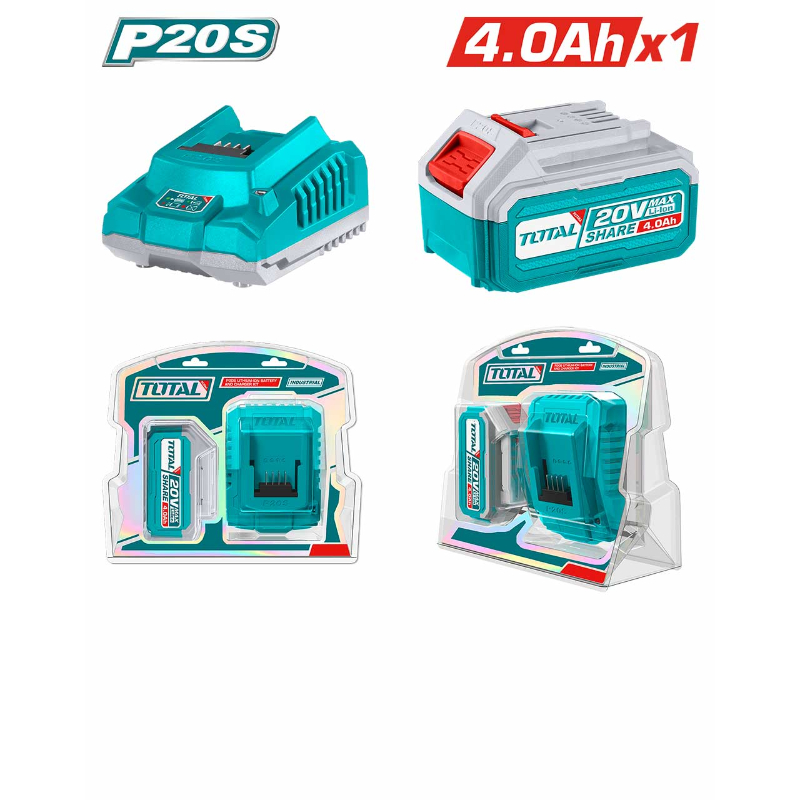 توتال طقم بطارية ليثيوم أيون P20S وشاحن 20 فولت سعة 4 امبير TFBCPK1214