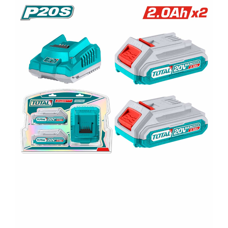 توتال طقم بطارية ليثيوم أيون P20S وشاحن 20 فولت 2 امبير TFBCPK1222