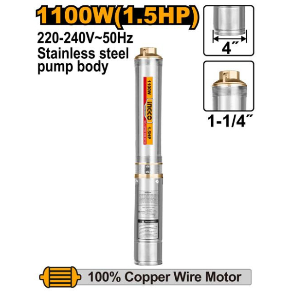 INGCO Deep well pump Electric Pipe diameter 1 - 1/4 inches 220-240V 1100W Max head Lift 112m 1.5Hp Impeller 14 stage Flow 6.0M3/H Copper wire motor DWP11001