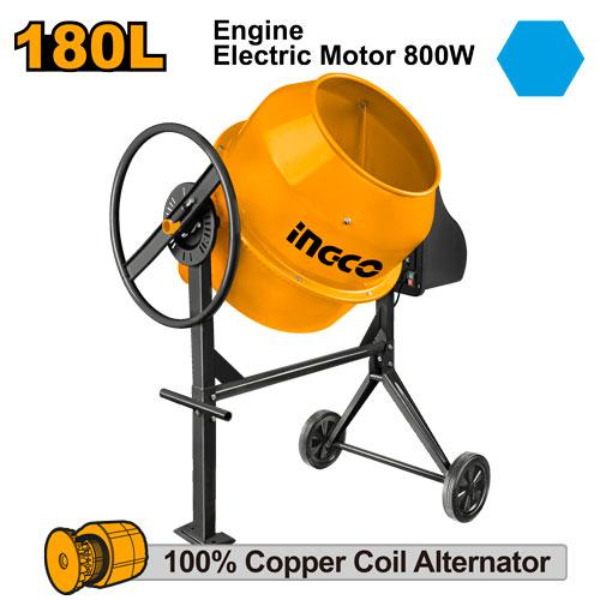 INGCO Electric Concrete Mixer Mixed batch output135L 220-240V 800W 1.1Hp Drum volume 180L Copper wire induction motor CM30-1