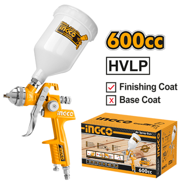INGCO Air Spray Gun Pattern width180-250mm
Standard nozzle1.4mm Operating pressure2-3.5bar Bottle Capacity 600cc Aircons119-200l/min ASG1061