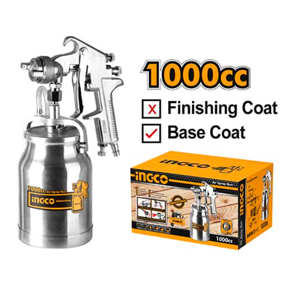 INGCO Air Spray Gun Pattern width 200-250mm
Standard nozzle 1.8mm Operating pressure 3-4bar Bottle Capacity 1000cc Aircons 130-200l/min ASG3102