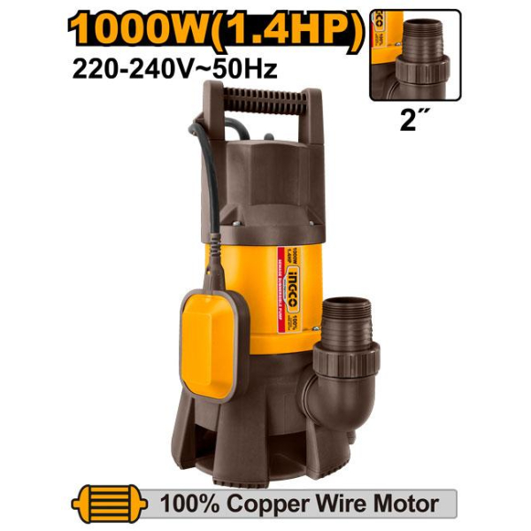 INGCO Sewage Submersible Pump Electric Pipe diameter 2 inches 220-240V 1000W Max head Lift 9m Maximum flow 333L/min Copper wire motor SPD10001