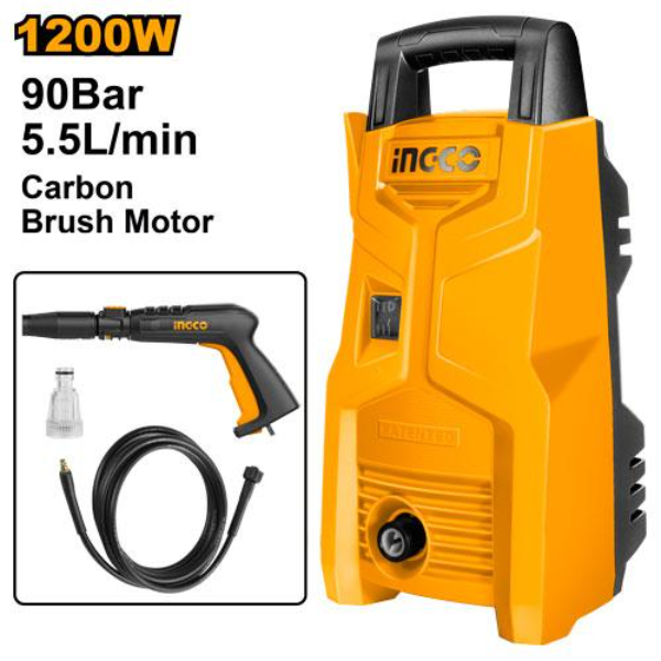 INGCO High Pressure Washer Electric 3m high pressure hose 220-240V 1200W Maximum Pressure 90Bar Flow rate 5.5L/min Aluminum wire motor HPWR12008