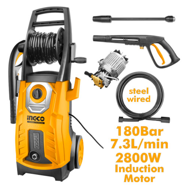 INGCO High Pressure Washer Electric 5m high pressure hose 220-240V 2800W Maximum Pressure 180Bar Flow rate 7.3L/min Copper wire induction motor HPWR28008