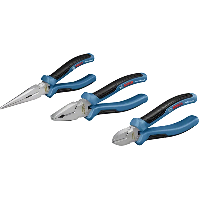 BOSCH Plier Set 3 pcs Professional Consist of Combination Plier, a Diagonal Side Cutter and a Long Nose Plier 160-200mm, 1 600 A01 6BG