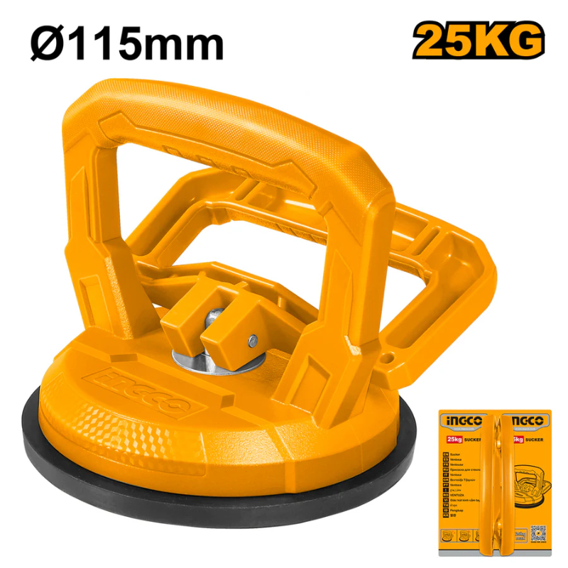 INGCO Handheld Suction Lifter Cup Size 115mm ABS Plastic Maximum Pull 25kg 1 Pcs Black, Yellow HSU012501
