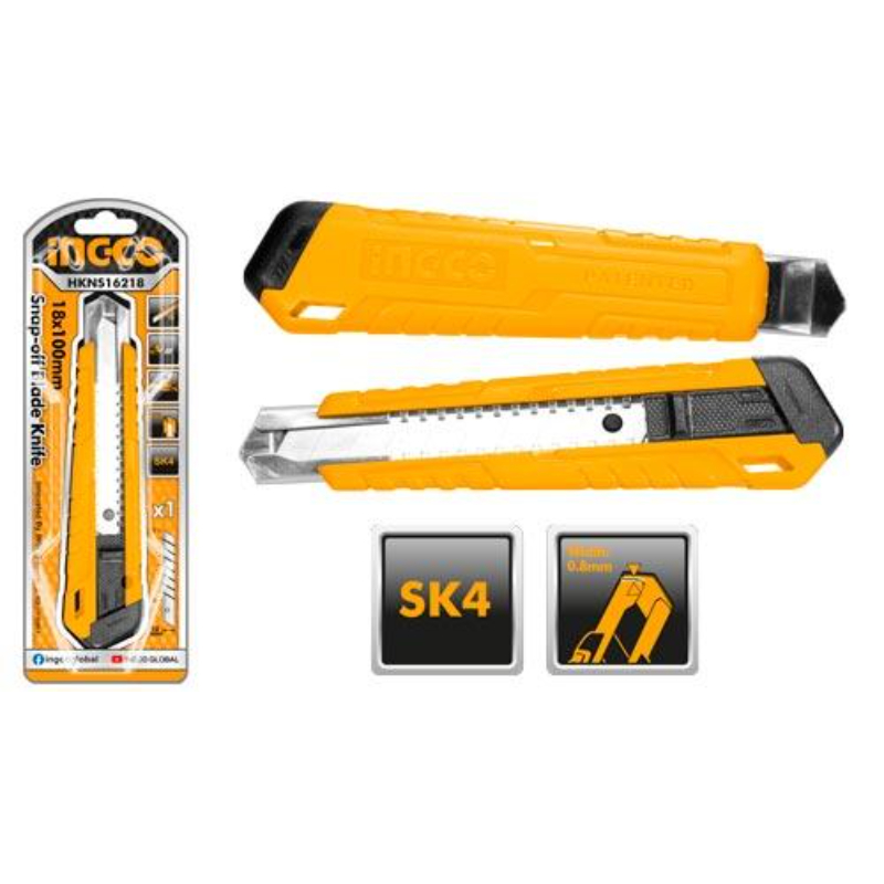 INGCO Handheld Snap Off Knife high-carbon steel, zinc alloy 100 mm 1 Pcs Black, Yellow HKNS16218