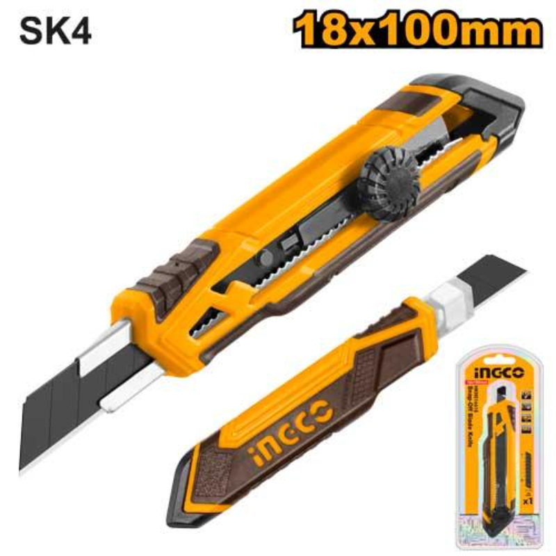INGCO Handheld Snap Off Knife 18mm x 100mm high-carbon steel, zinc alloy 100 mm 1 Pcs Black, Yellow HKNS16618