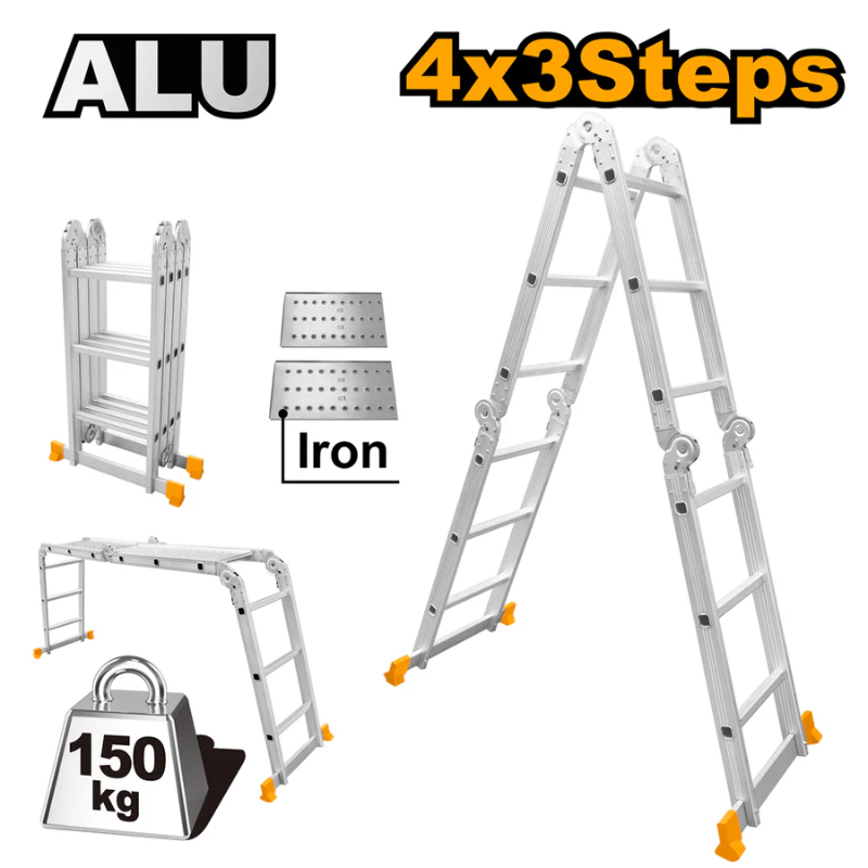 INGCO Handheld Industrial Ladder 4x3 Section, Step Rise 27cm Aluminum Load Capacity 150 kg 1 Pcs Silver HLAD04431