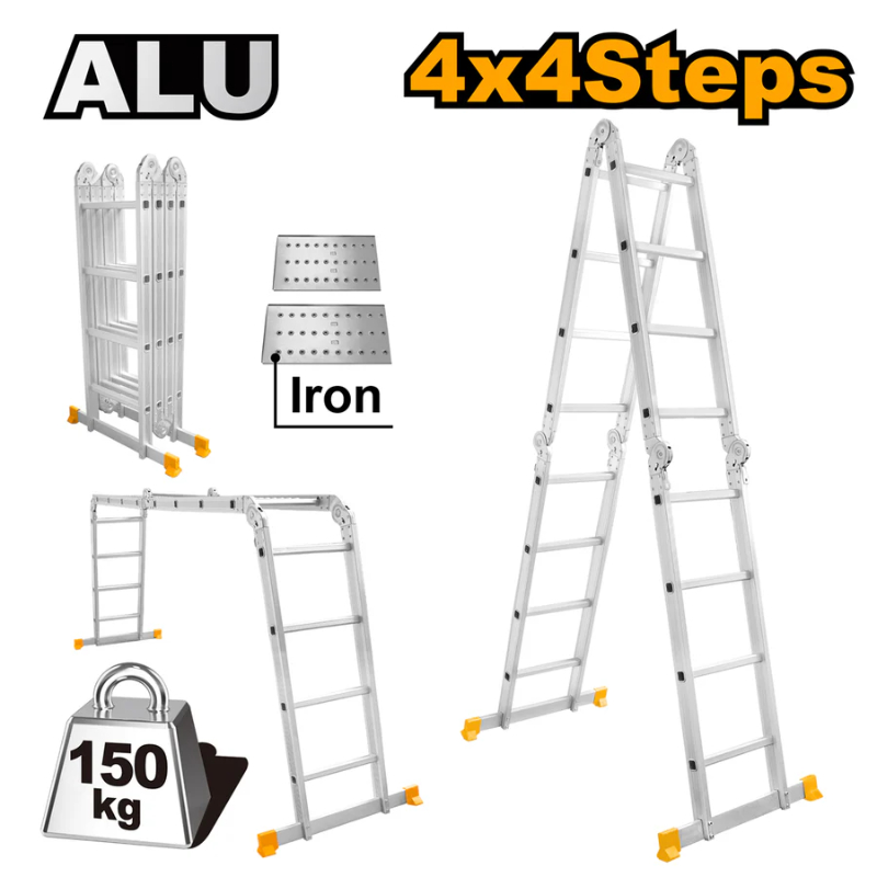 INGCO Handheld Industrial Ladder 4x3 Section, Step Rise 28cm Aluminum Load Capacity 150 kg 1 Pcs Silver HLAD04441