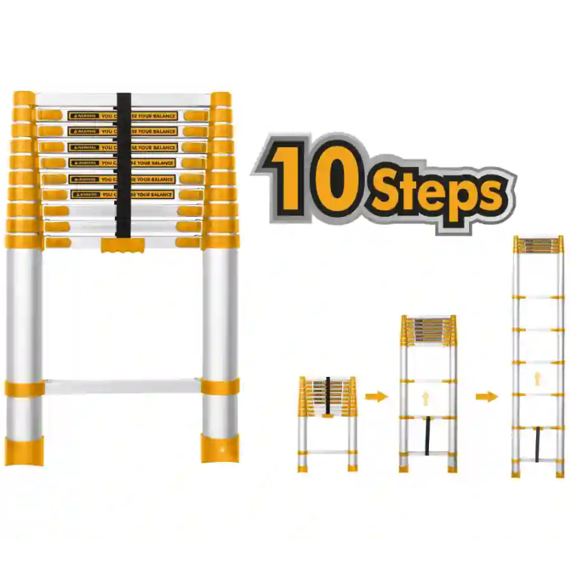 INGCO Handheld Telescopic Ladder 10 Steps, Step Rise 300mm Aluminum Load Capacity 150 kg 1 Pcs Silver HLAD08101