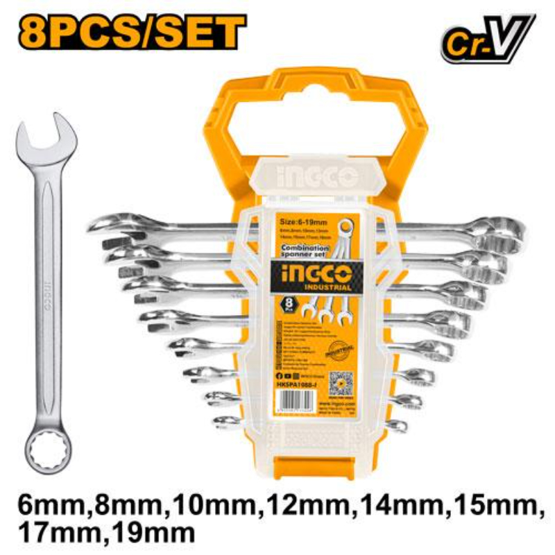 INGCO Handheld Spanner Set 6mm - 19mm chrome vanadium steel 8 Pcs Silver HKSPA1088