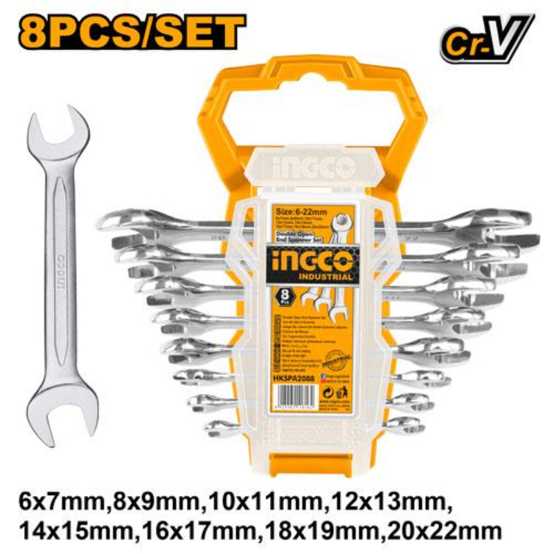 INGCO Handheld Spanner Set 6-22 mm Chrome Vanadium Steel 8 Pcs Silver HKSPA2088