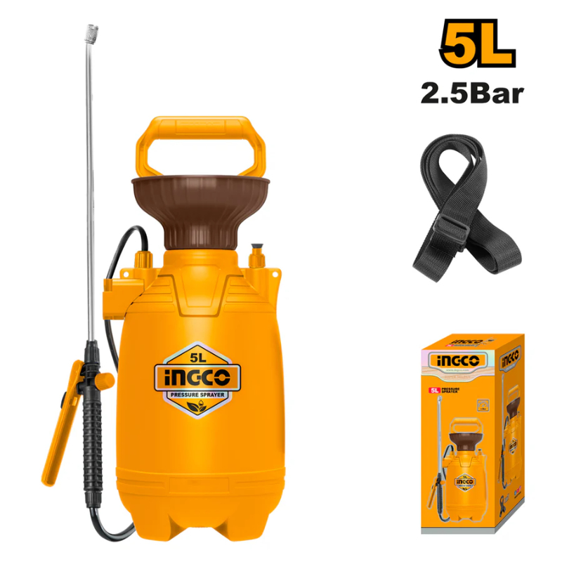INGCO Handheld Pressure sprayer hose lenghth 1.2 m plastic, steel 5 Liters 1 Pcs Black, Silver, Yellow HSPP30502
