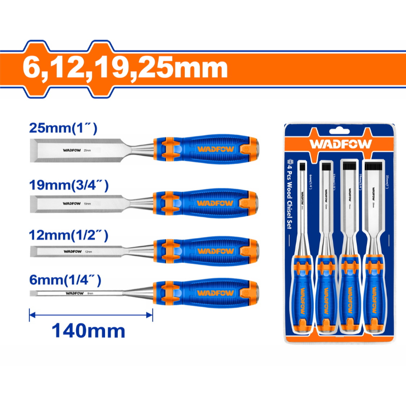 WADFOW Wood Chisel Set 4Pcs 6mm Size 6 - 12 - 19 -25mm WWC2204