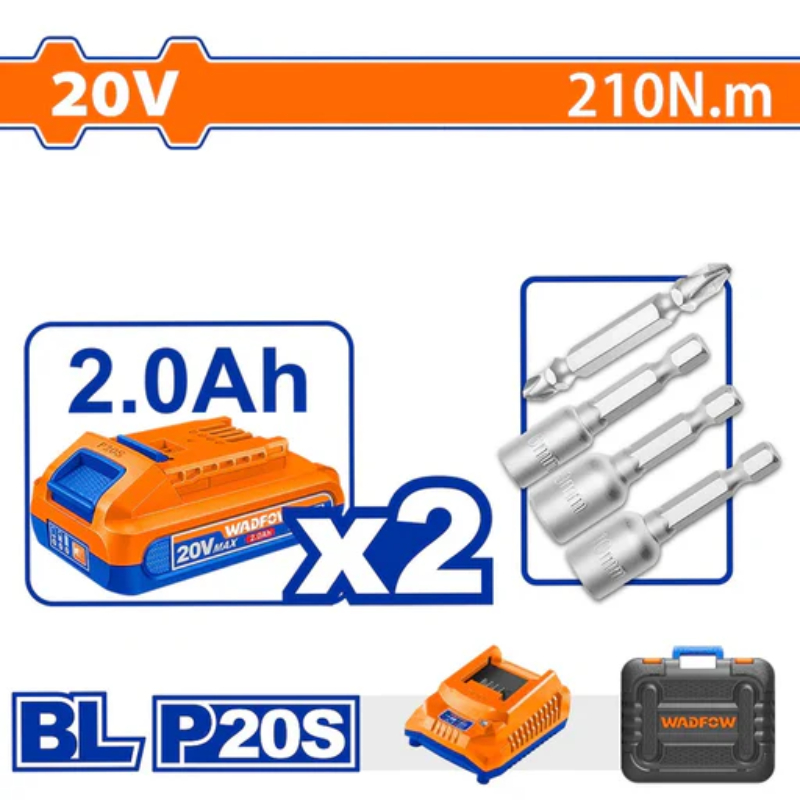 WADFOW Cordless Impact Drill Battery 20V Max. Torque 210NM 0-1300 / 0-2100 RPM Included 2 Batteries 2.0Ah WCD2B21