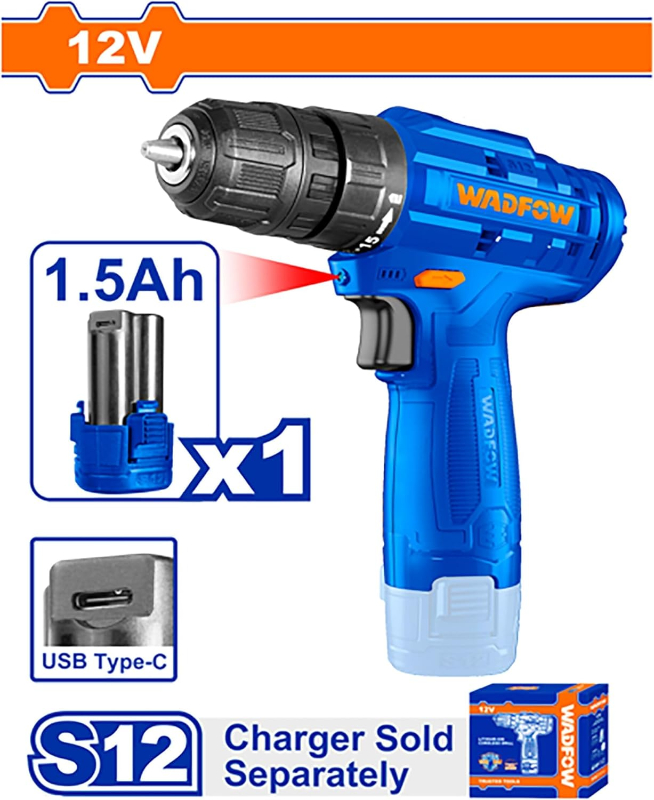 وادفو دريل كومباكت شحن بطارية 12 فولت اقصی عزم الدوران 20 نيوتن متر 0 - 750 دورة في الدقيقة 0.8–10 ملم مع بطارية واحدة 1.5 امبیر WCDS510