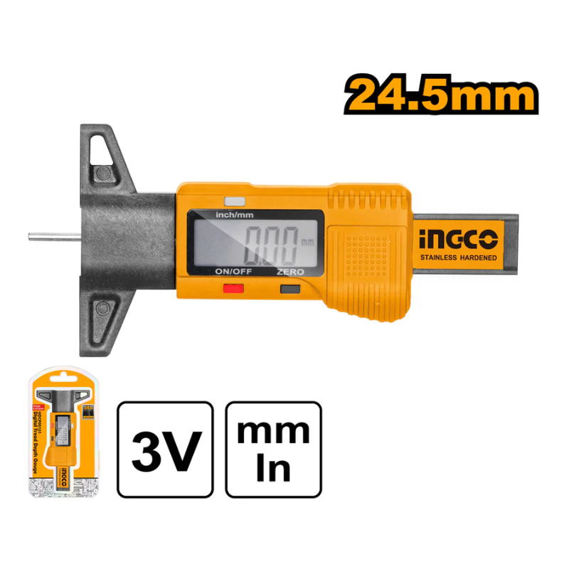 INGCO Battery Powered Digital Tire Tread Depth  Gauge Range: 0-25.4mm / 0-1inches 3V Lithium Coin Batteries Black, Yellow HDCP00101