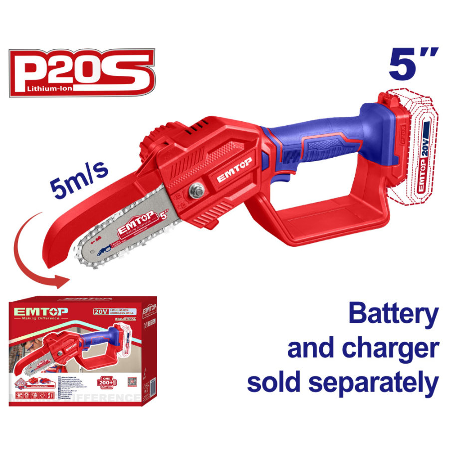 Emtop Cordless Pruner Saw Brushless  20V 5m/s Bar length: 13cm (5inch) Without Battery ELGA2058