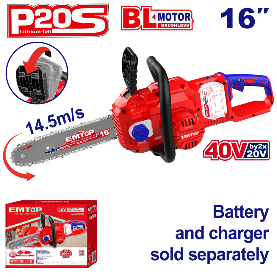 Emtop Cordless chainsaw Battery 40V 16inche Without Battery Chain Speed:14.5m/s ELGA40168