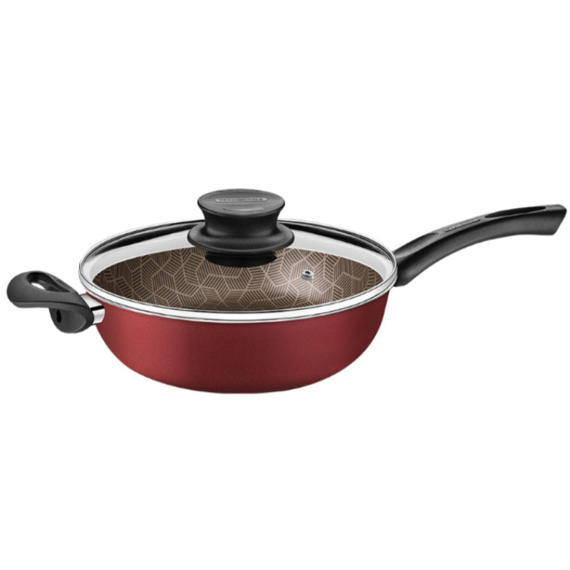 Tramontina Paris Aluminum Frying Pan With 100% Red Hygienic Non-Stick Interior And Exterior Coating And Glass Lid, 26 cm, 3.6 L 28518/726