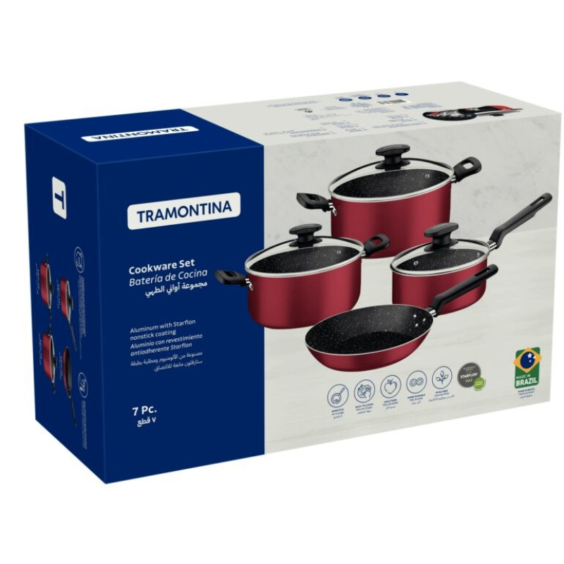 Tramontina Cookware Set, Red, 8-Layer Insulated Starflon With High-Quality Glass Lid 7Pcs (3 Pots + 1 pan + 3 Pot Lids)  27899/419