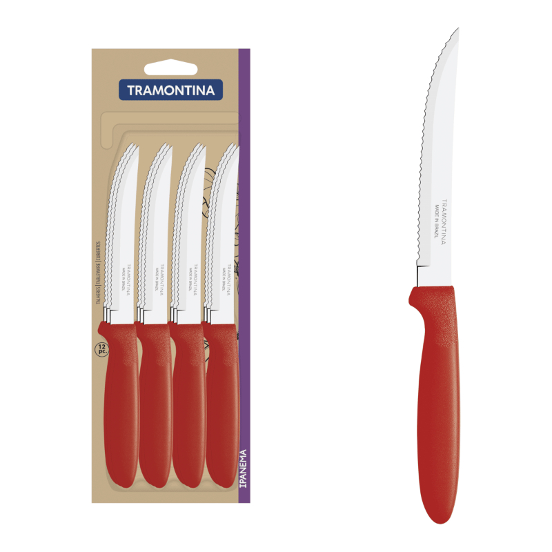 Tramontina Ipanema 12-Piece Stainless Steel Steak Knife Set With Red Polypropylene Handles 23360/975
