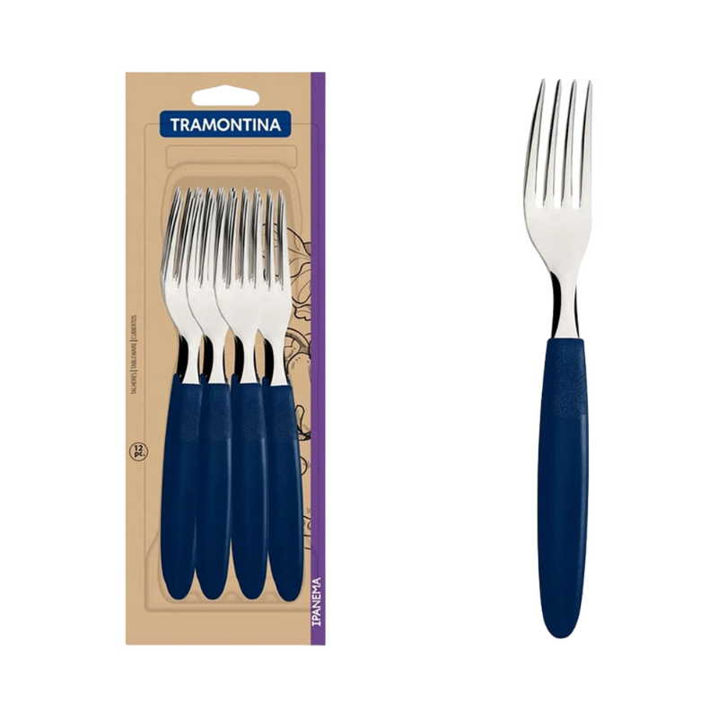 Tramontina Ipanema Stainless Steel Dinner Fork Set With Blue Polypropylene Handles, 12 Pieces 23362/910