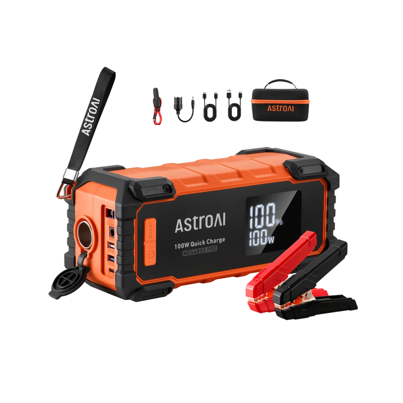 استرو AI جهاز مشغل بطارية السيارة S8 Ultra Max، بطارية كبيرة سعة 27,000 ملي امبير تيار ذروة 6000 امبير، يعمل مع محركات السيارات البنزين والديزل سعة 12 لتر مع 6 منافذ مختلفة للشحن والتشغيل، شاحن سريع 100 واط وملحقات متعددة