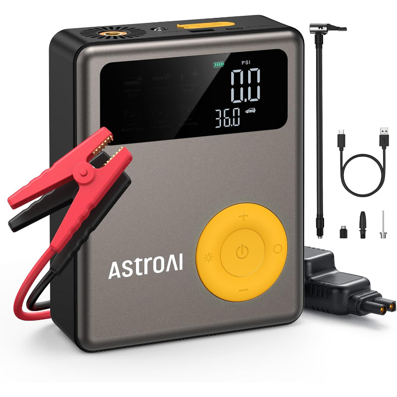 استرو AI مشغل بطارية سيارة محمول مع ضاغط هواء 10 بار مدمج، بطارية 1750 امبير شاشة LCD كبيرة، متوافق مع محركات السيارات سعة 7.5 لتر ديزل و 5 لتر بنزين موديل DK-MF 139