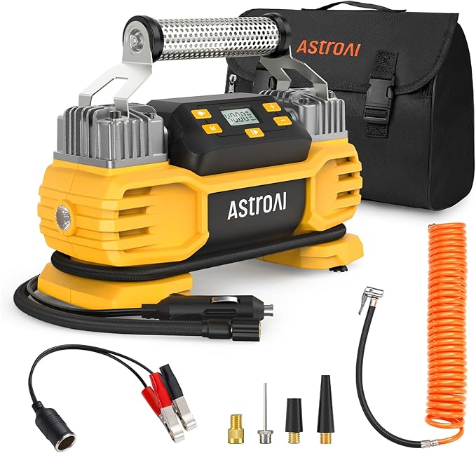 AstroAI Small Air Compressor for Truck Tires 11 Bar with Dual Cylinders & Motors for SUVs, RVs, ORVs, Cars, Air Mattresses, 11 Bar AST-AIRUNT2