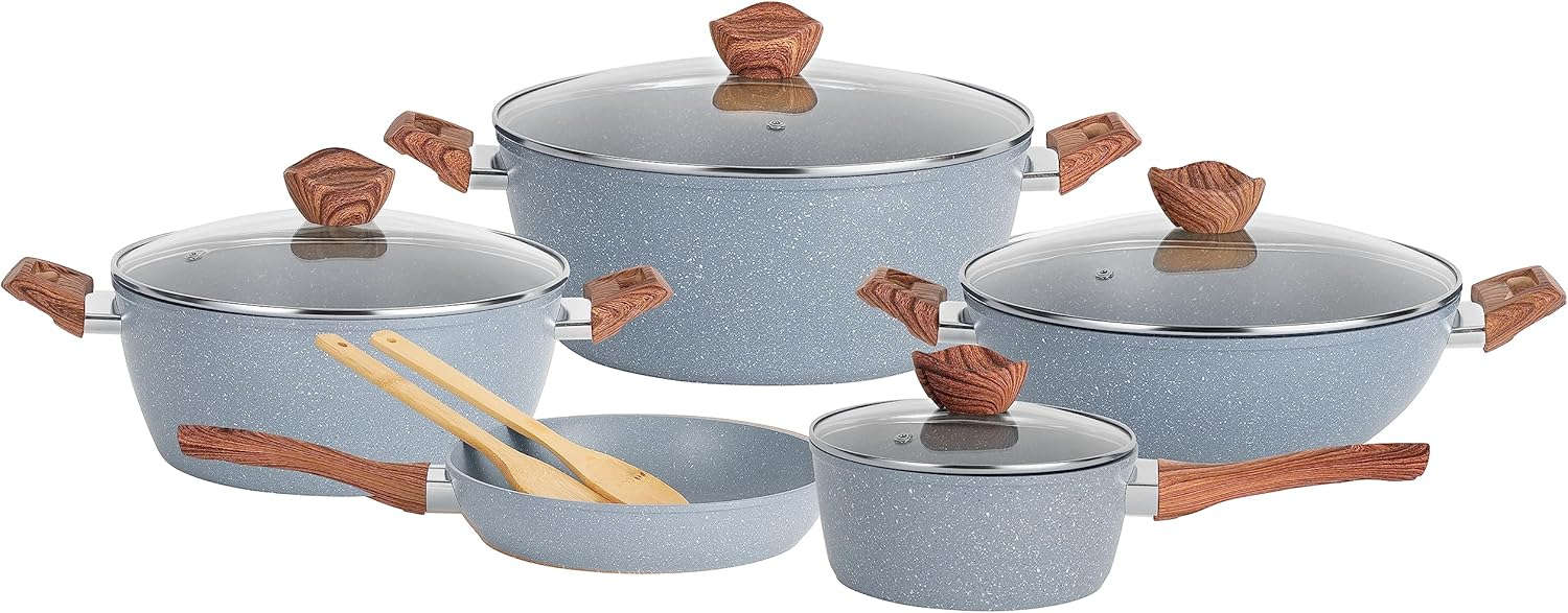 DELCASA 11-piece cookware set (4 pots, 2 wooden spoons, and 4 pot lids) Grey DC2878