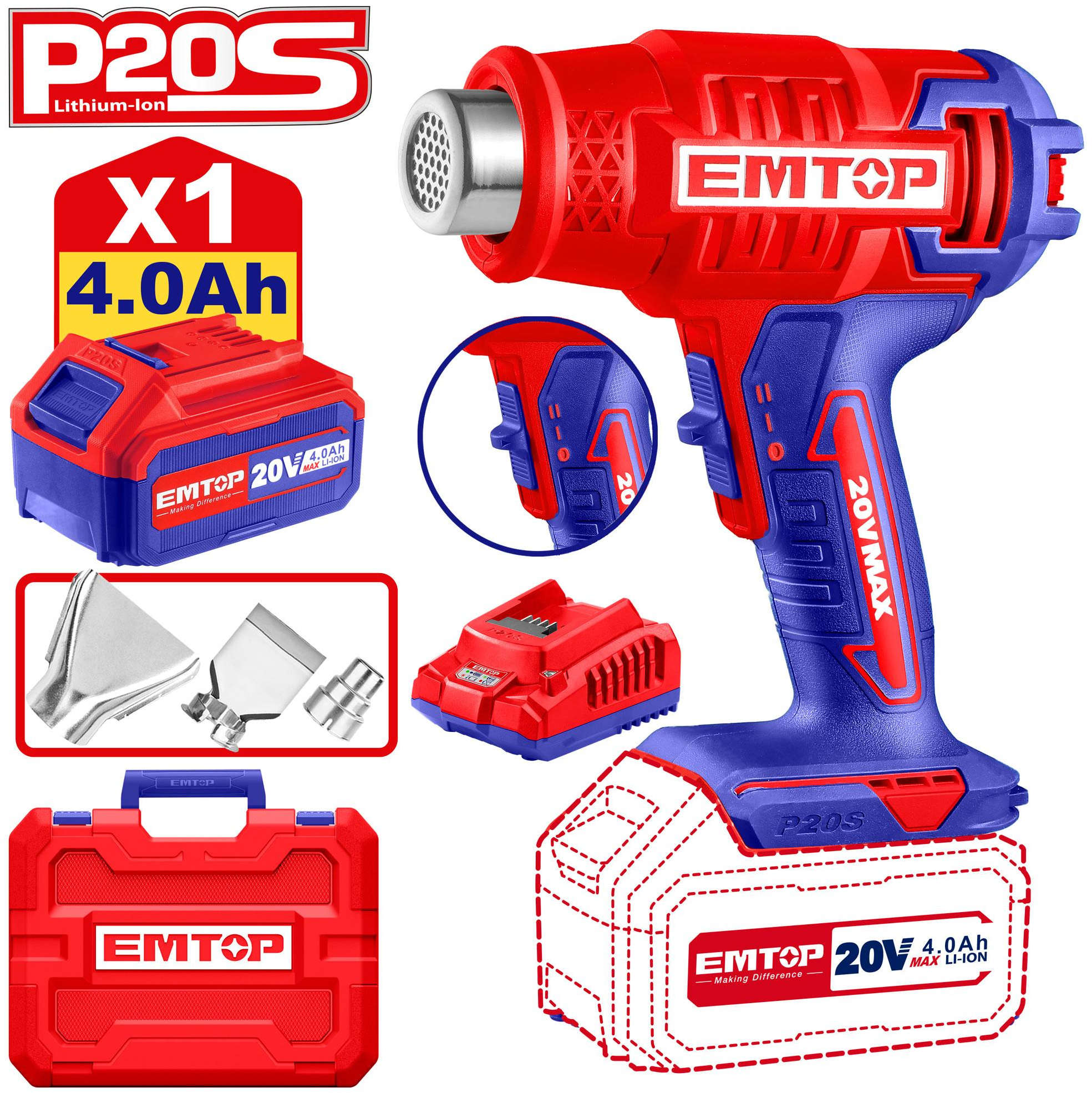 EMTOP Cordless Heat Gun 20V 300/550°C 100/200 L/min EHGN200215