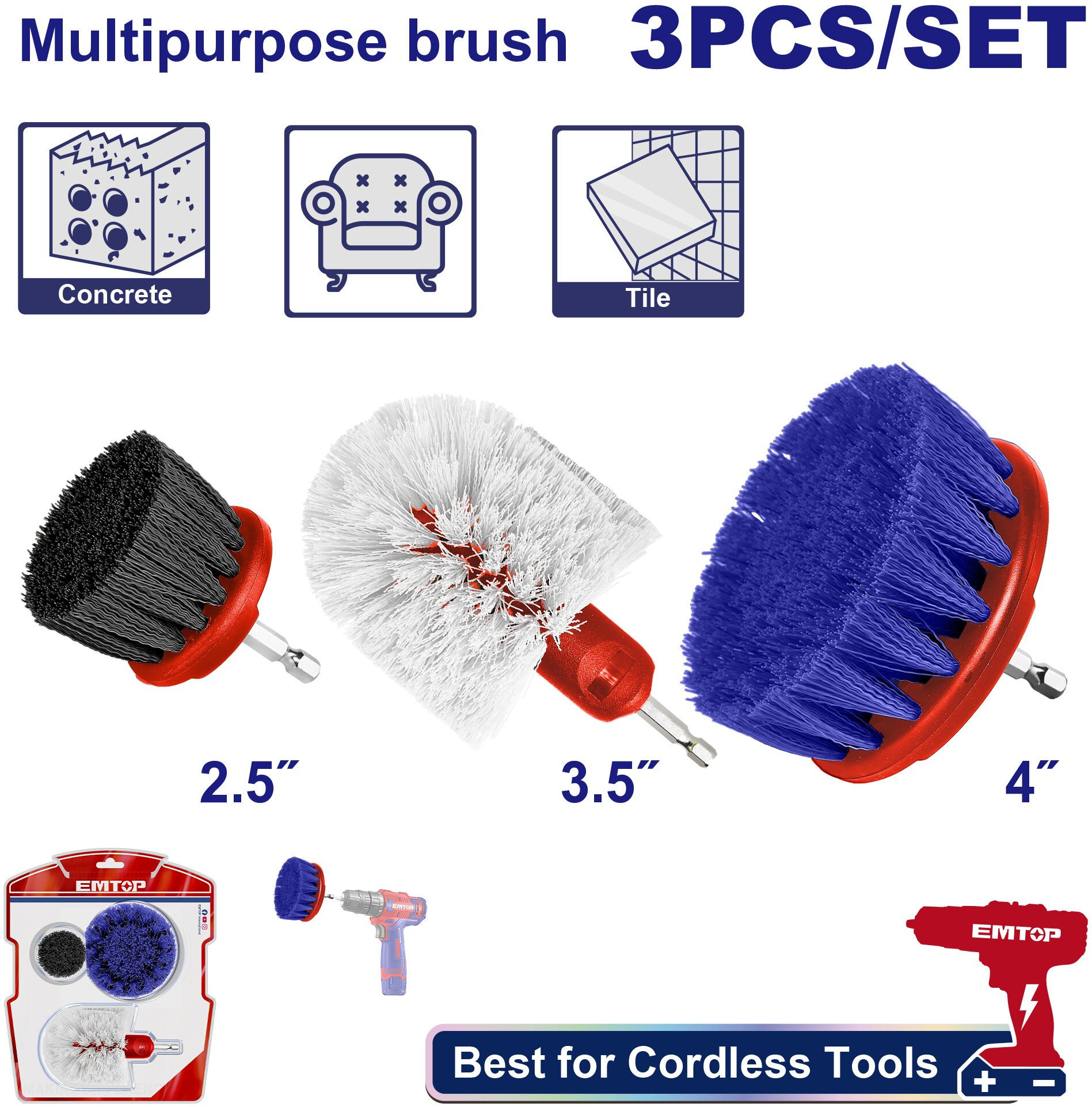 EMTOP Cleaning Brush Bit Set 1/4inch, 3 Pieces ECB0301