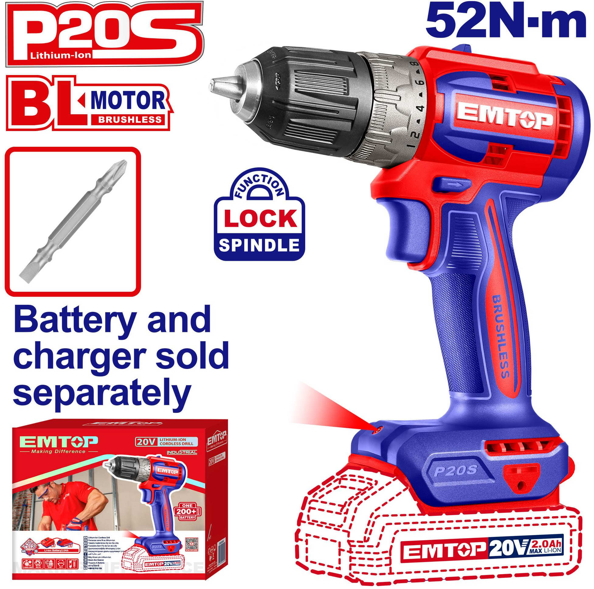 EMTOP Compact Cordless Drill 20V, 10mm, Brushless, 52 Nm Torque, 2000 RPM, Without Battery ECDL204531