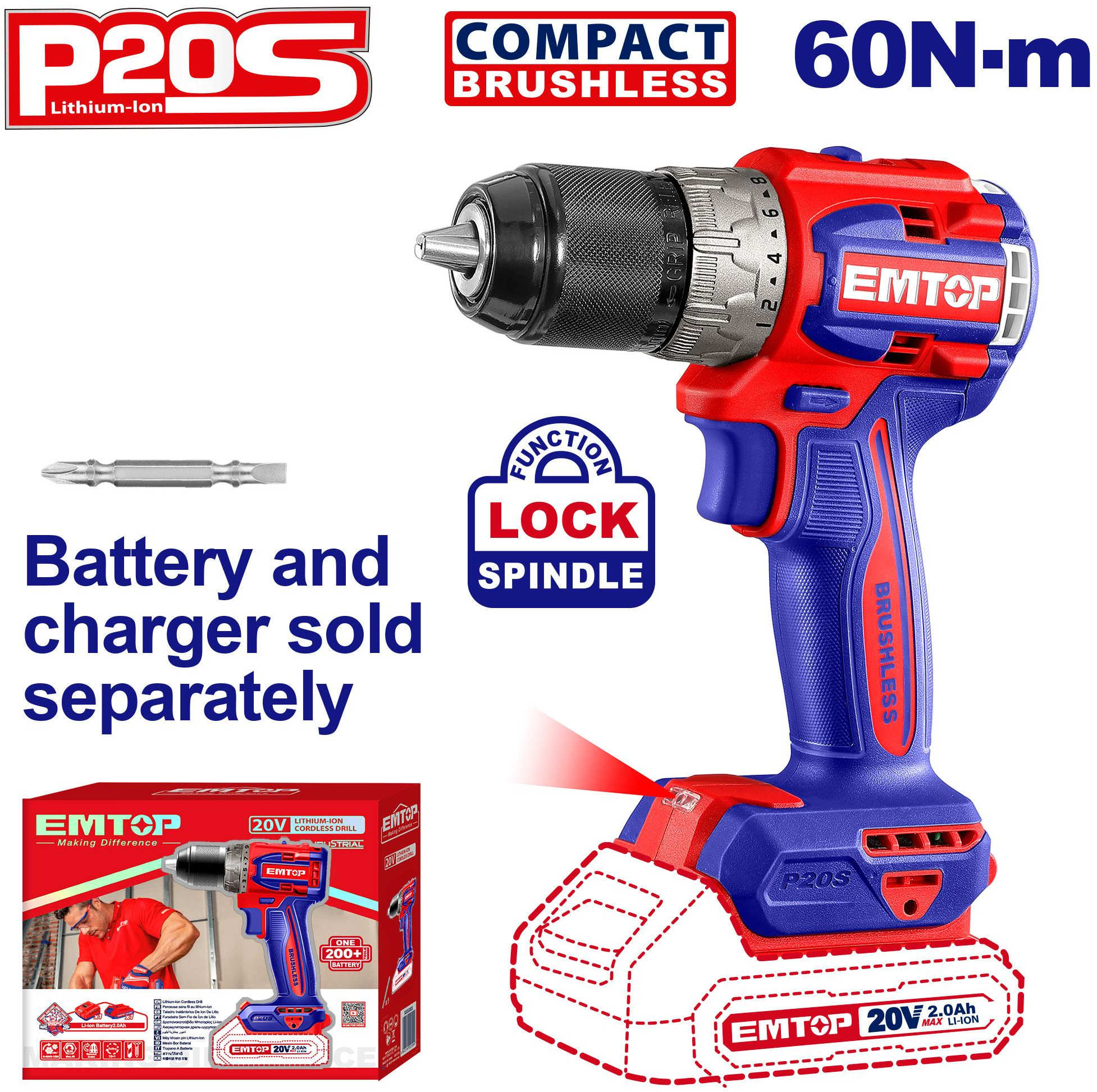 EMTOP Compact Cordless Drill 20V, 13mm, Brushless, 60 Nm Torque, 2000 RPM, Without Battery ECDL206021