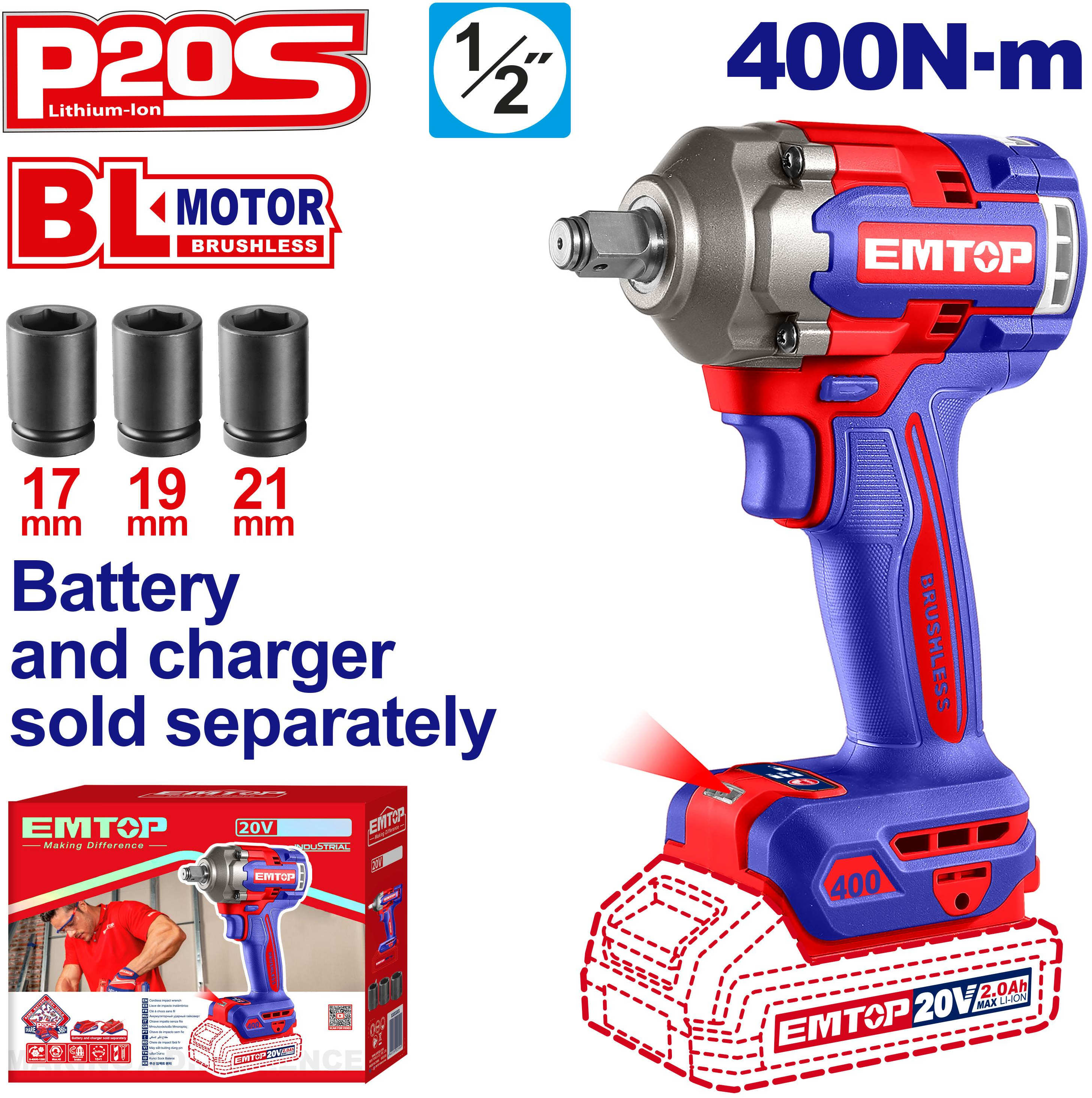 EMTOP Cordless Impact Wrench 20V, Brushless, 1/2 Inch, 2100 RPM, 400 Nm Torque, Without Battery, Includes 3 Sockets ECIWL20401