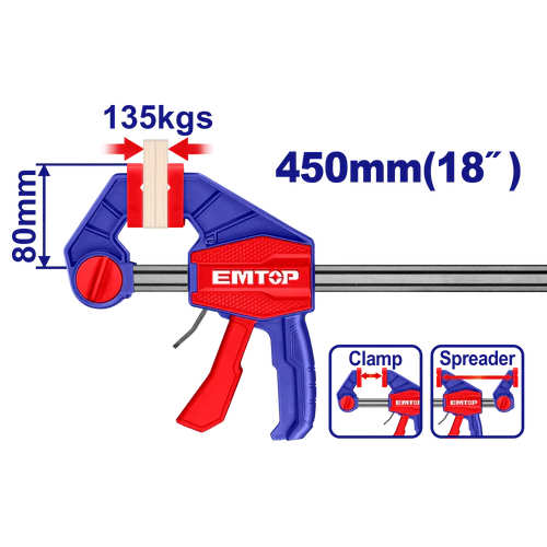 EMTOP Quick Bar Clamp 80×450mm, Load Capacity 135kg ECLPQ80181