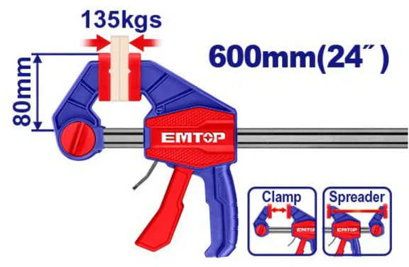 EMTOP Quick Bar Clamp 80×600mm, Load Capacity 135kg ECLPQ80241