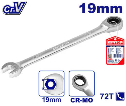 EMTOP Ratcheting Wrench 19mm, Length 250mm, Chrome Vanadium Steel ECSPAR191