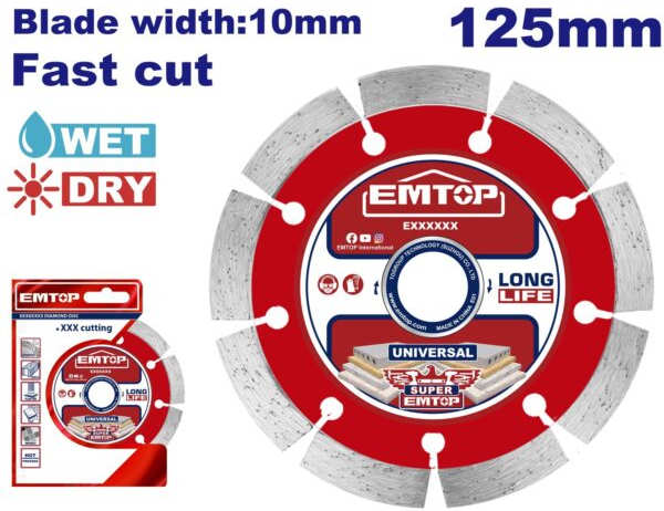 EMTOP Diamond Cutting Disc 125×22.2mm, 8mm Thickness, For Wet & Dry Cutting EDDC011252